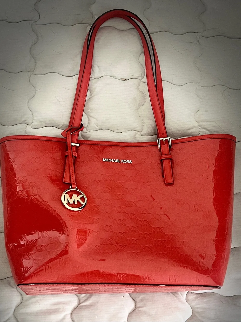 Michael Kors Orange Patent Leather Tote with Gold MK Charm